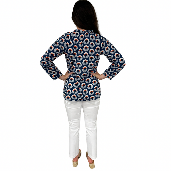 The Dahlia Smocked Neck Top in Navy and Orange Floral — view 8