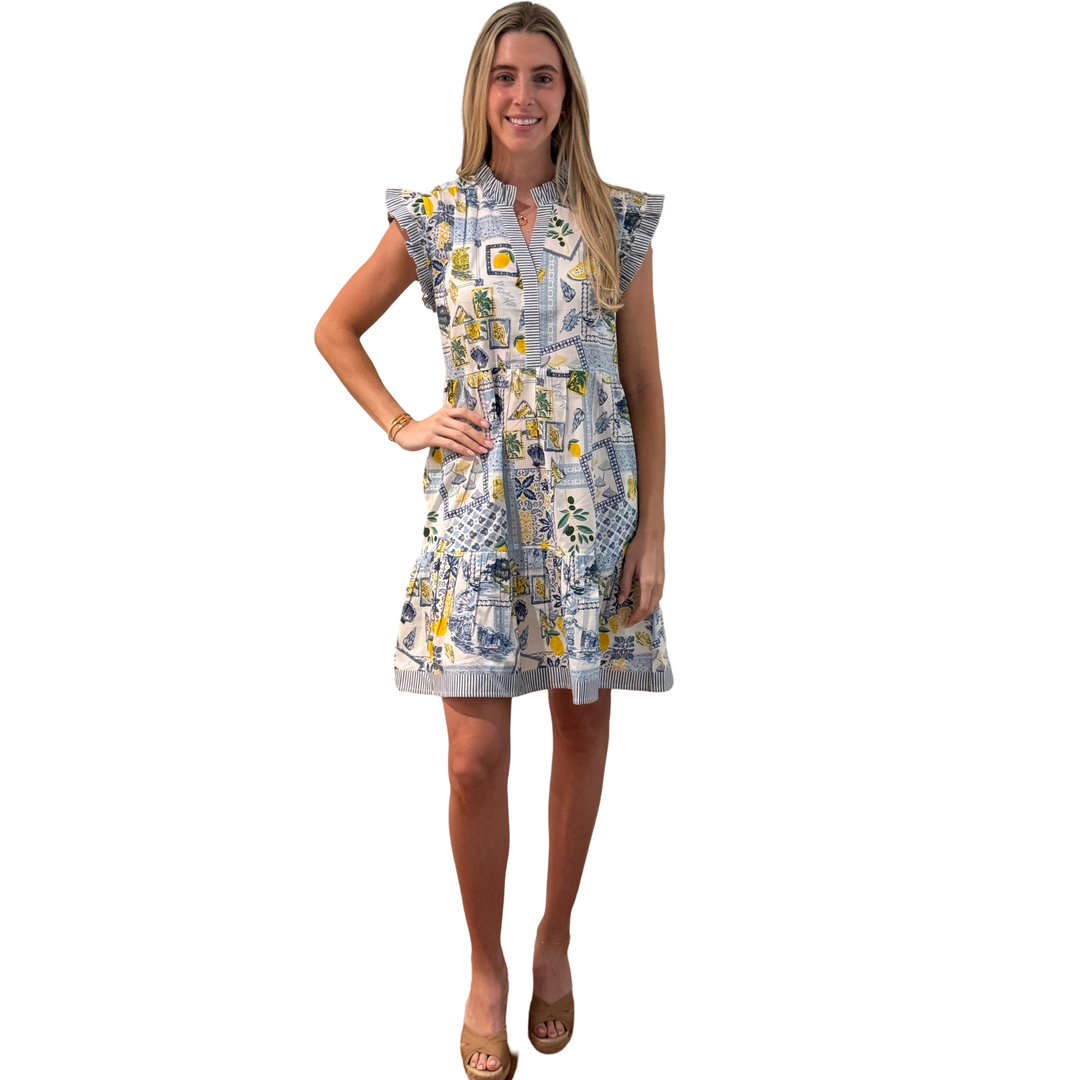 The Campbell Cotton Flutter Sleeve Dress in Blue Lemon Patch Print