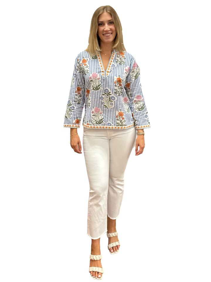 The Kelsea Top in Blue Striped Floral — view 4