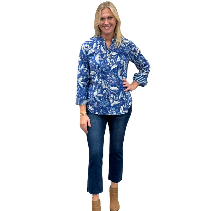 The Avery Cotton Hand Block Printed Top in Brilliant Blue Floral — view 6