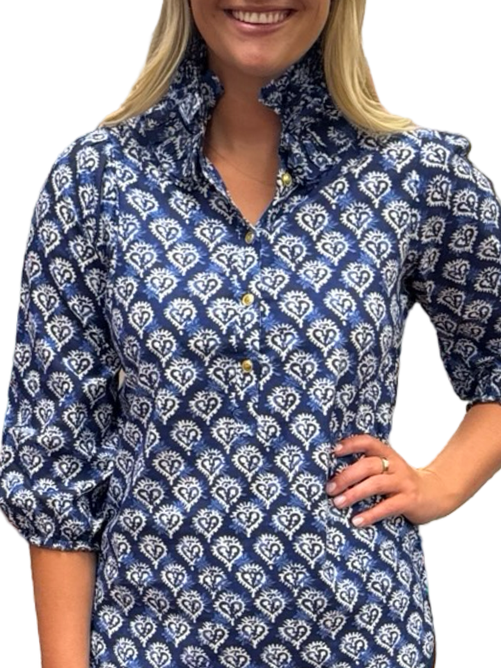 The Maria Cotton Ruffle Neck Blouse in Blue White Block Print