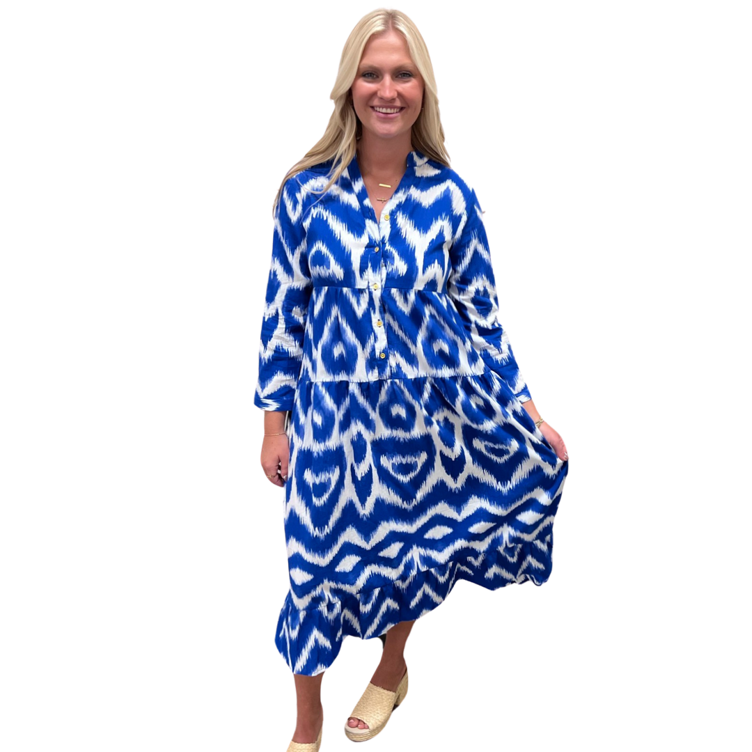 The Southport Long Length Dress in Royal Blue Ikat — view 4