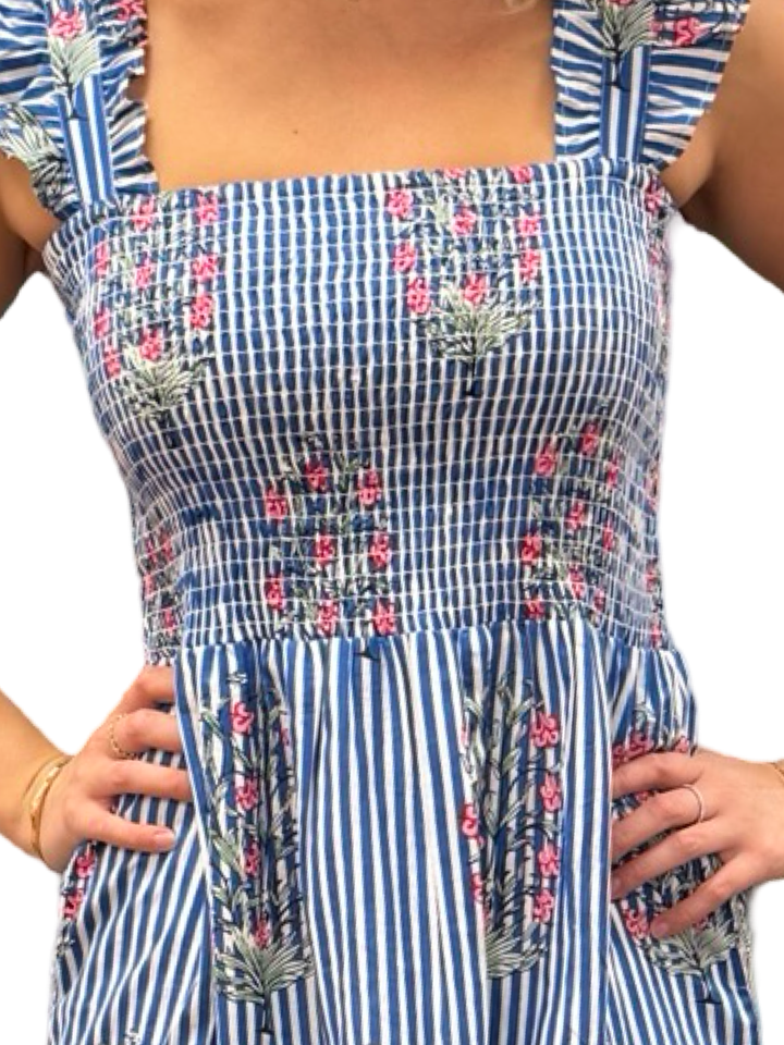 The Cloey Smocked Cotton Midi Dress in Blue Striped Pink Tulip Floral — view 3