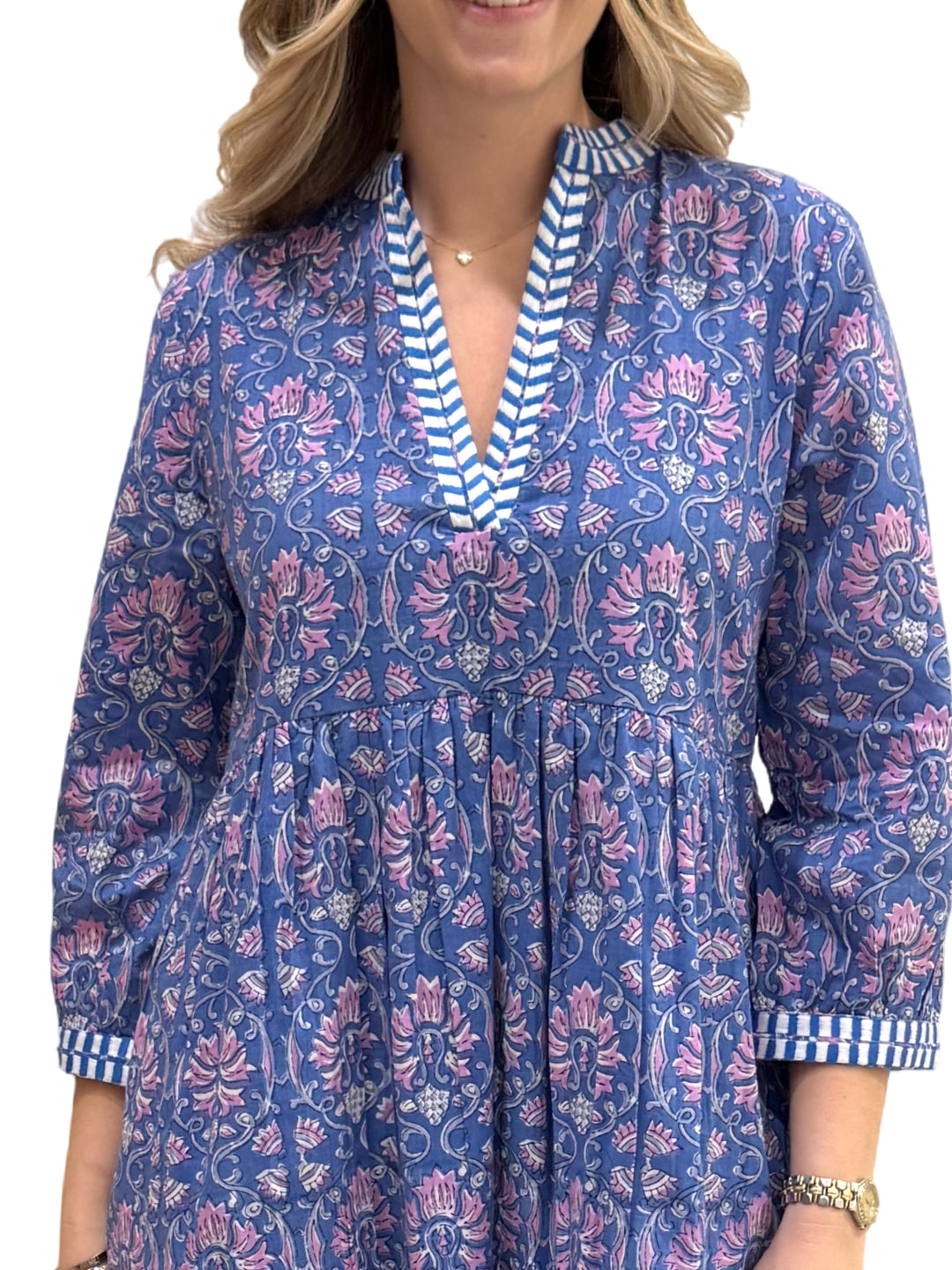 The Morley Embroidered Trim Cotton Hand Block Printed Dress in Blue and Lavender — view 3