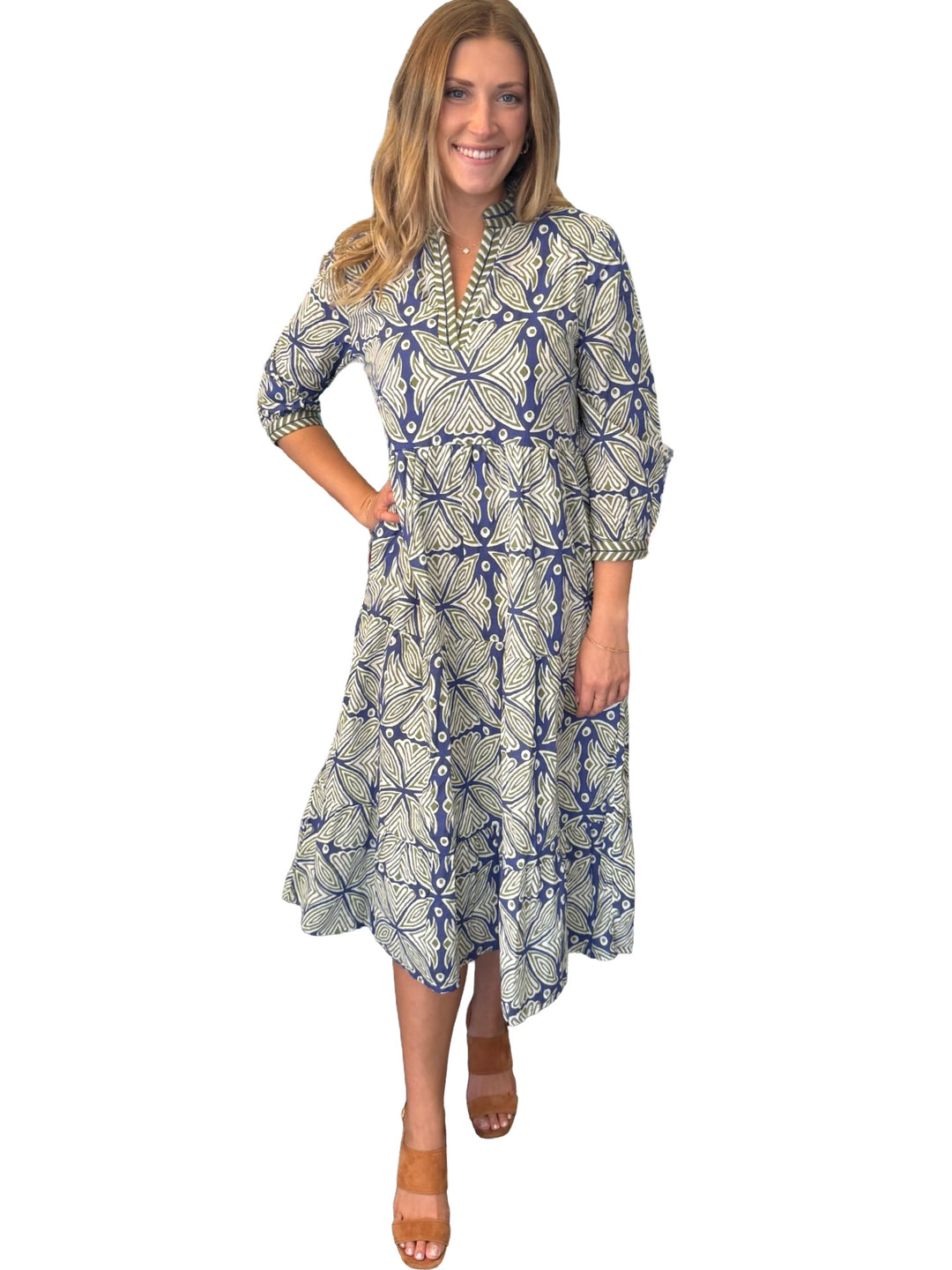 The Daniella Embroidered Trim Dress in Navy Green