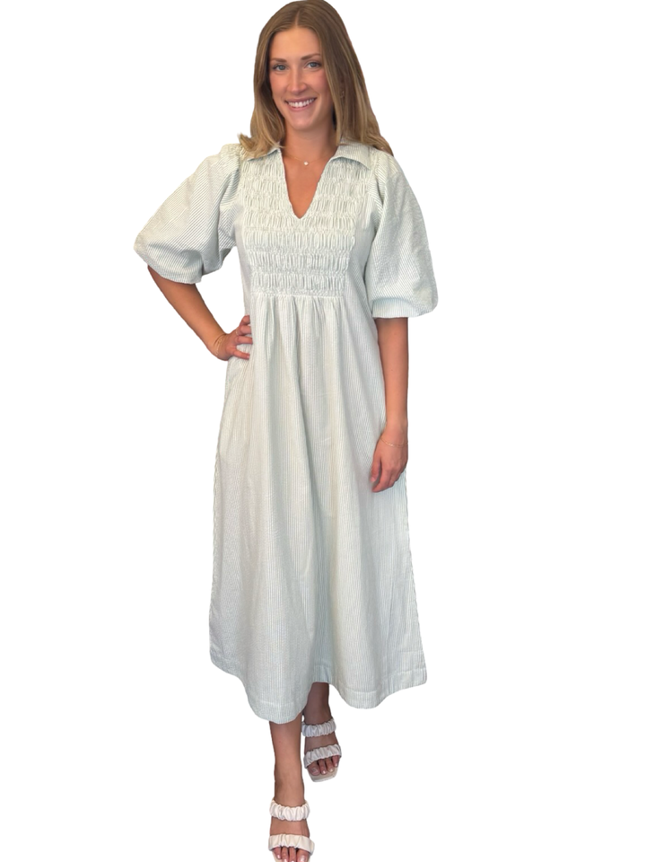 The Joanie Smocked Dress in Green and White Stripe