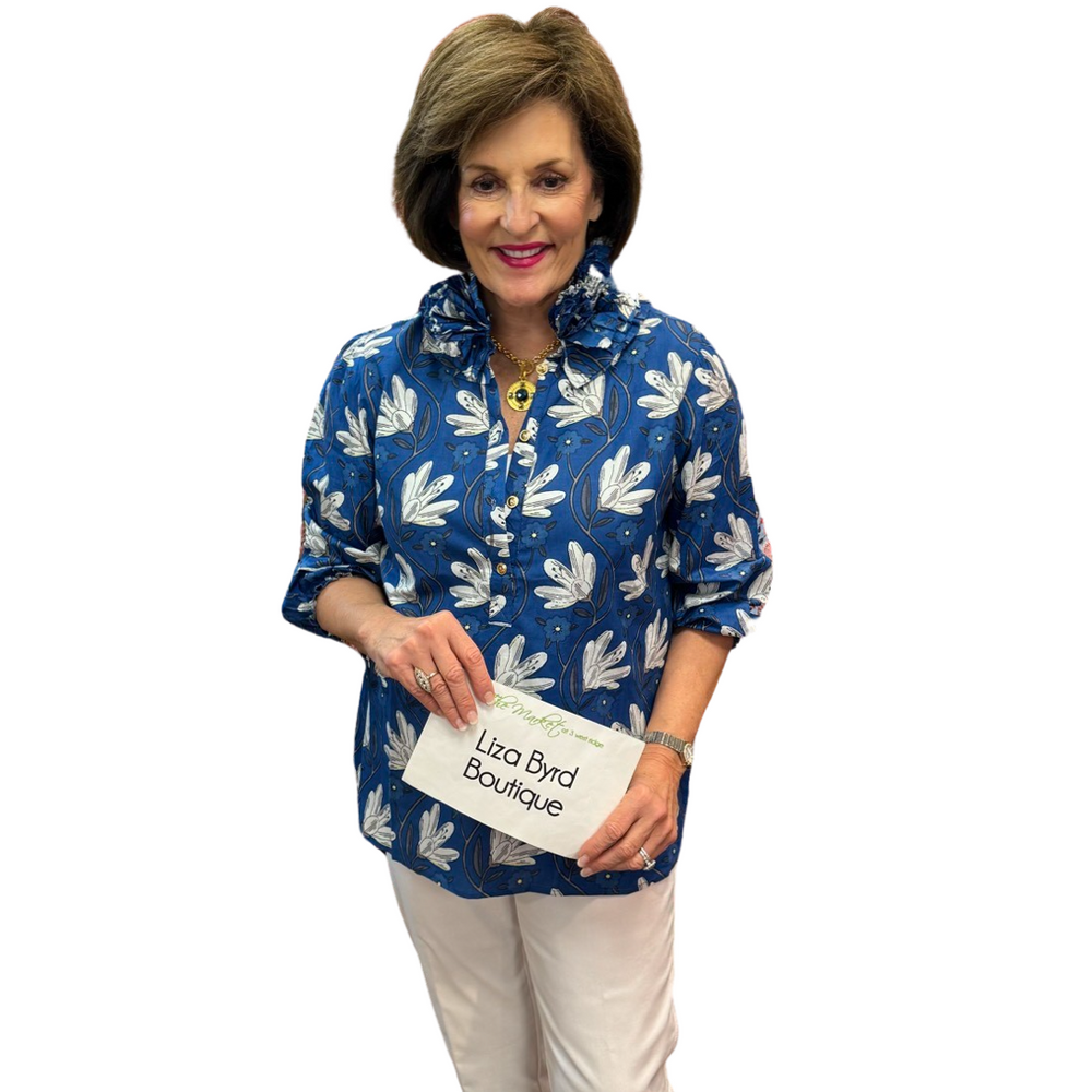 The Maria Ruffle Neck Cotton Blouse in Blue Petal Print — view 2