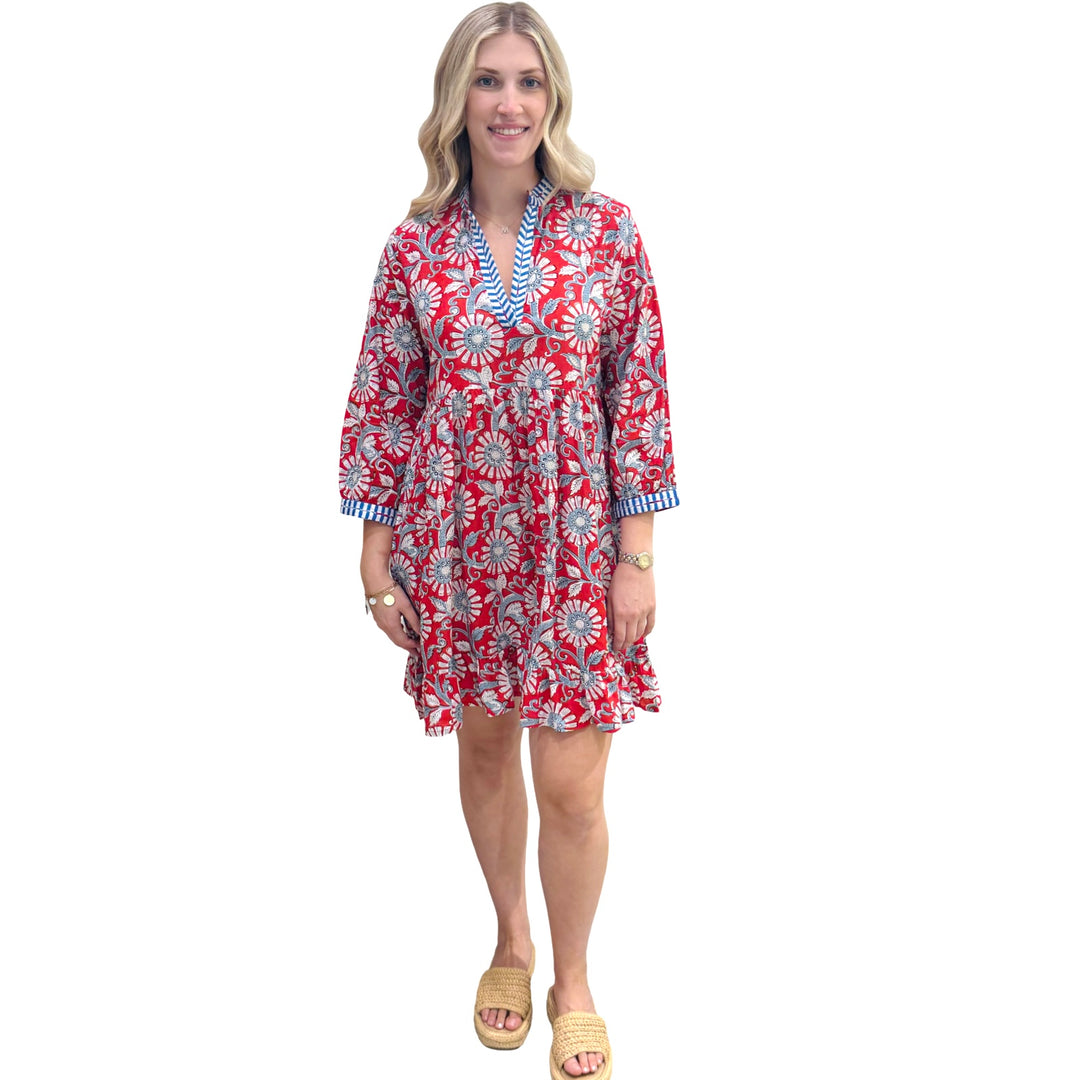 The Morley Embroidered Trim Dress in Blue Red Handblocked Floral — view 3