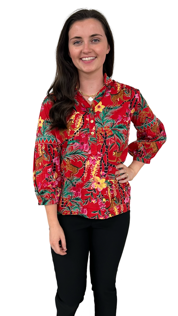 The Mckenzie Cinch Back Top in Hand Blocked Monkey Print Floral — view 4