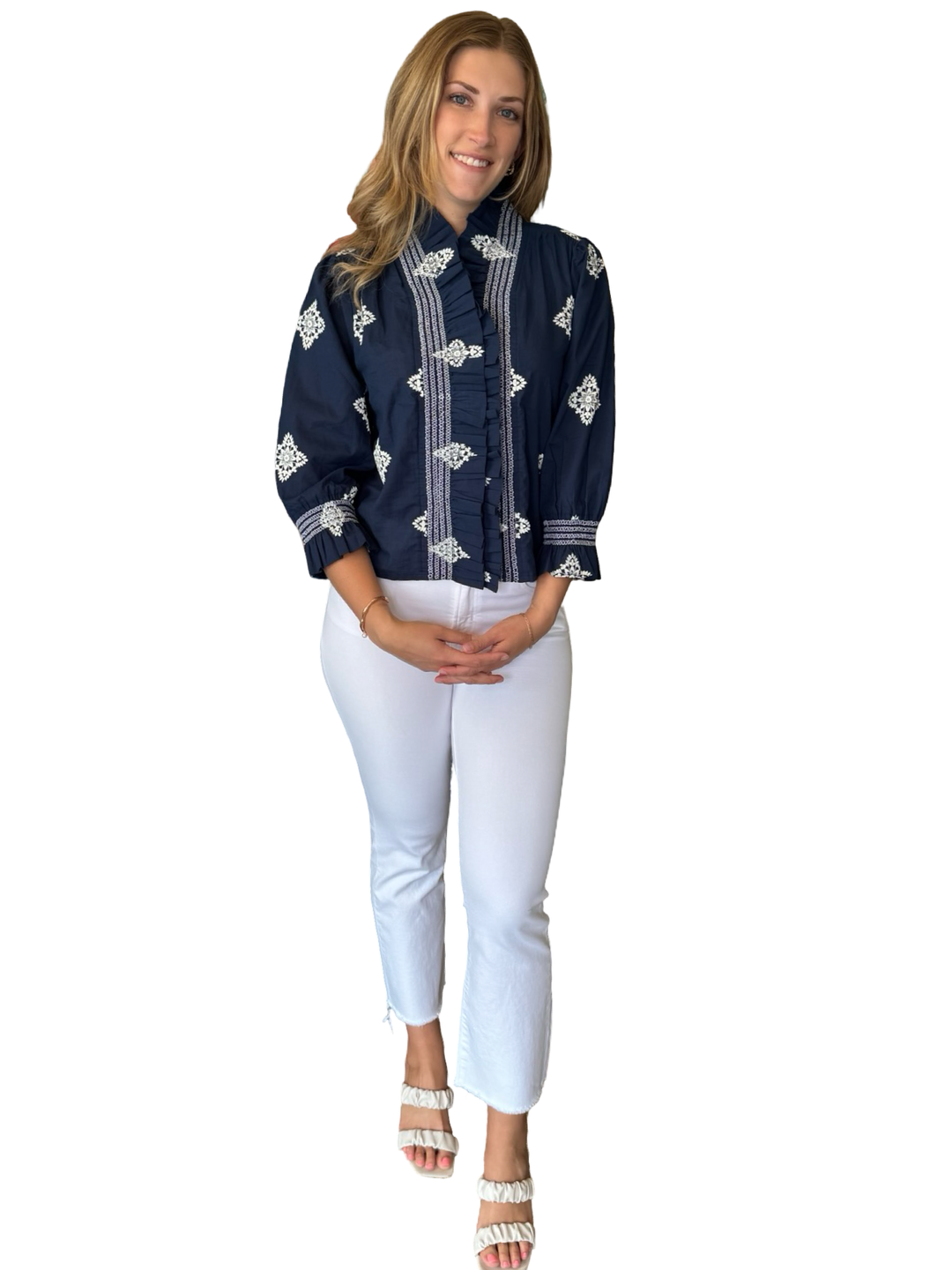 The Amelia Smocked Ruffle Top in Navy with White Embroidery