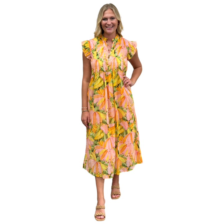 The Maggie Tropical Print Long Dress in Peach — view 2