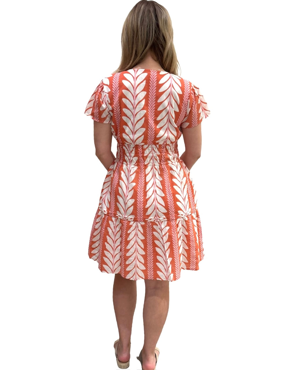 The Sydney Short Sleeve Cinch Waist Dress in Coral Fern Stripe — view 3