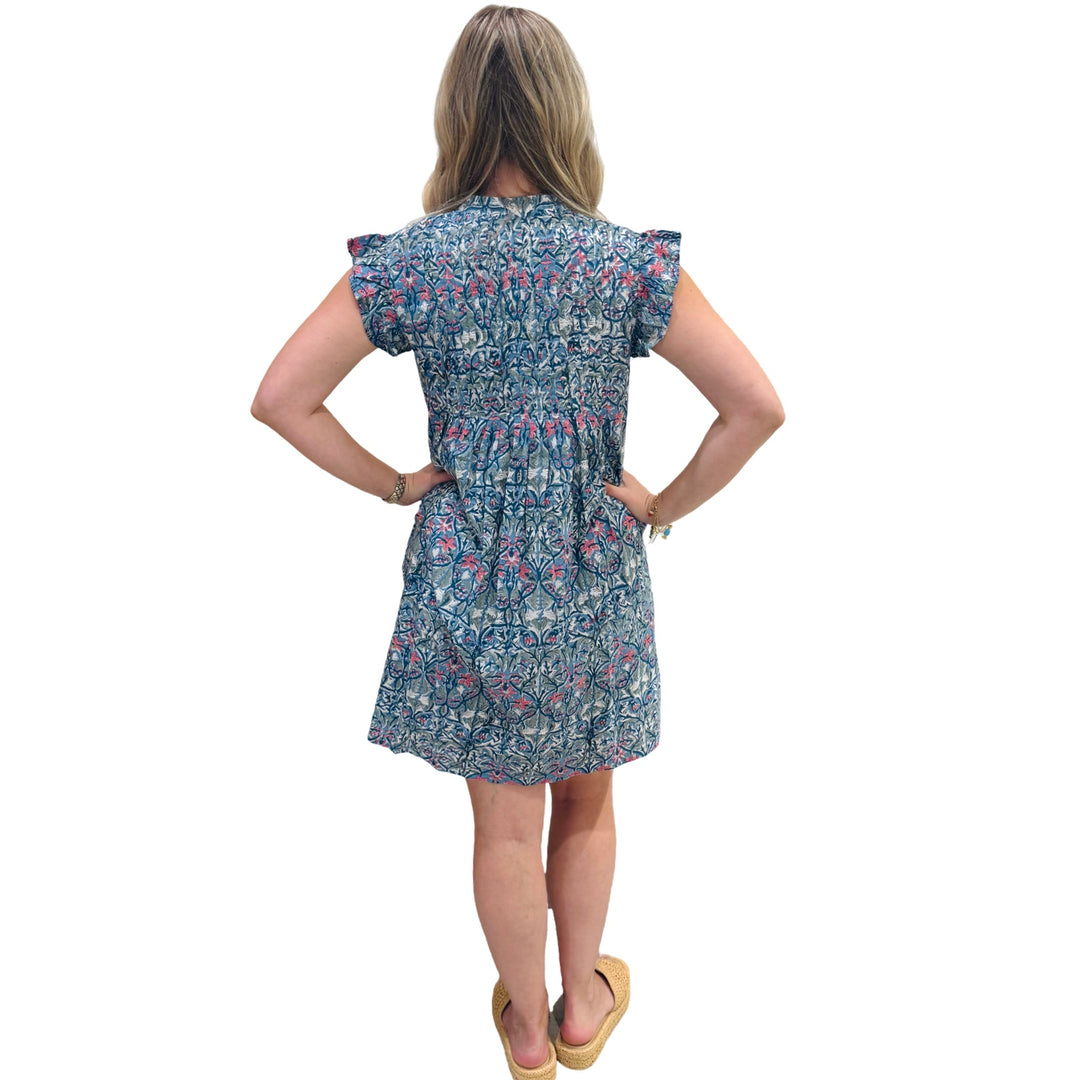 The Maggie Flutter Sleeve Dress in Blue Multi Hand Block Printed Cotton — view 5
