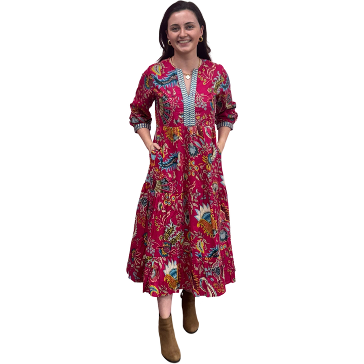 The Daniella Fuchsia Pink Hand Blocked Floral Embroidered Trim Dress — view 7