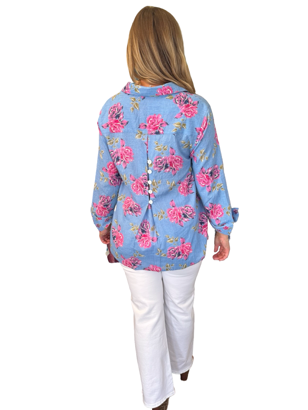 The Mason Button Front Top in Cornflower Blue Pink Floral