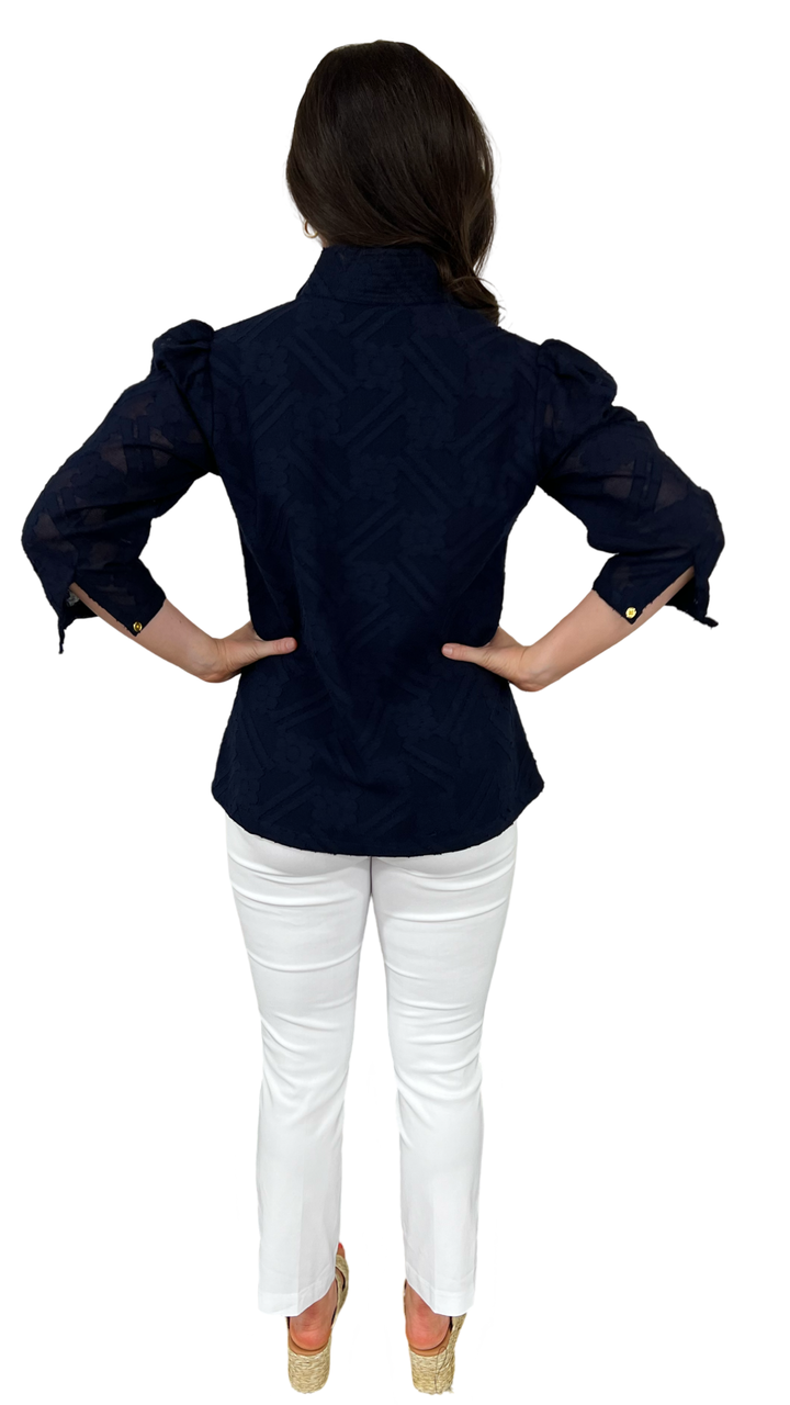 The Shipley Stand-Up Collar Top in Navy Jacquard Cotton — view 5