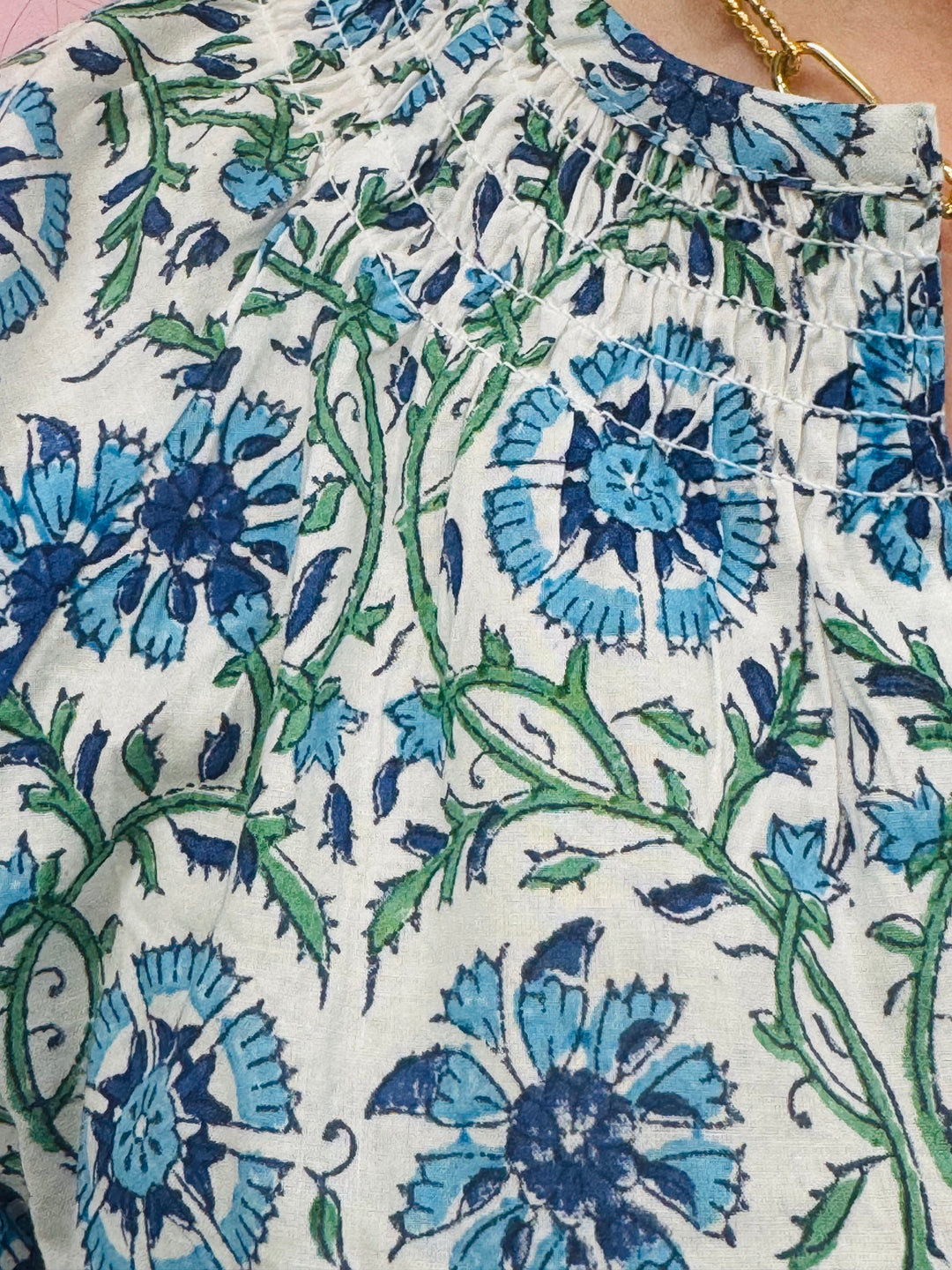 The Dahlia Smocked Neck Top in Blue Green Hand Blocked Cotton — view 6