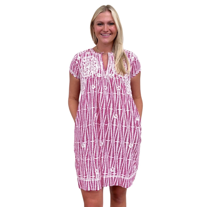 The Key Biscayne Embroidered Shift Dress in Pink and White Hand Block Cotton — view 2