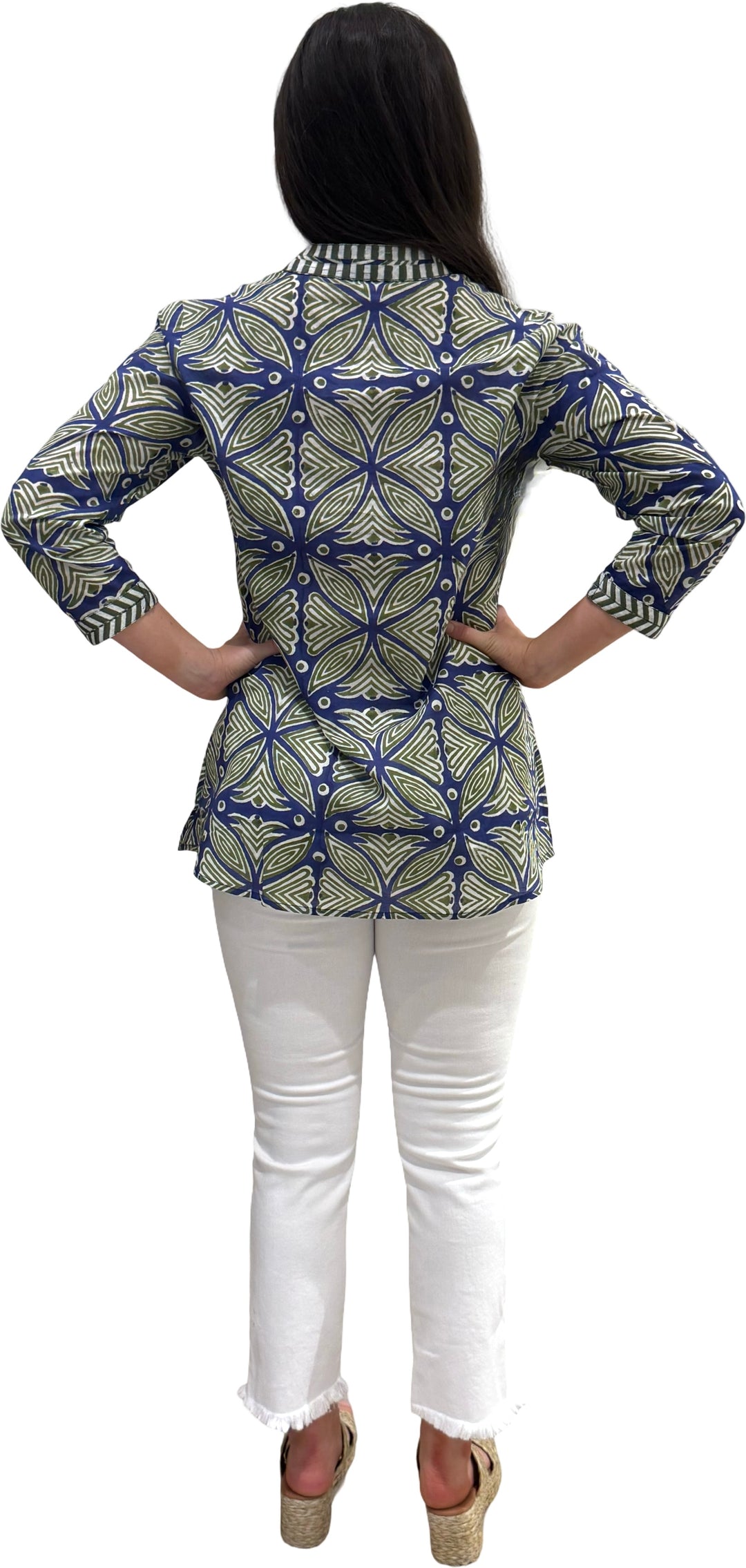 The Brie Embroidered Trim Tunic in Navy Green — view 6