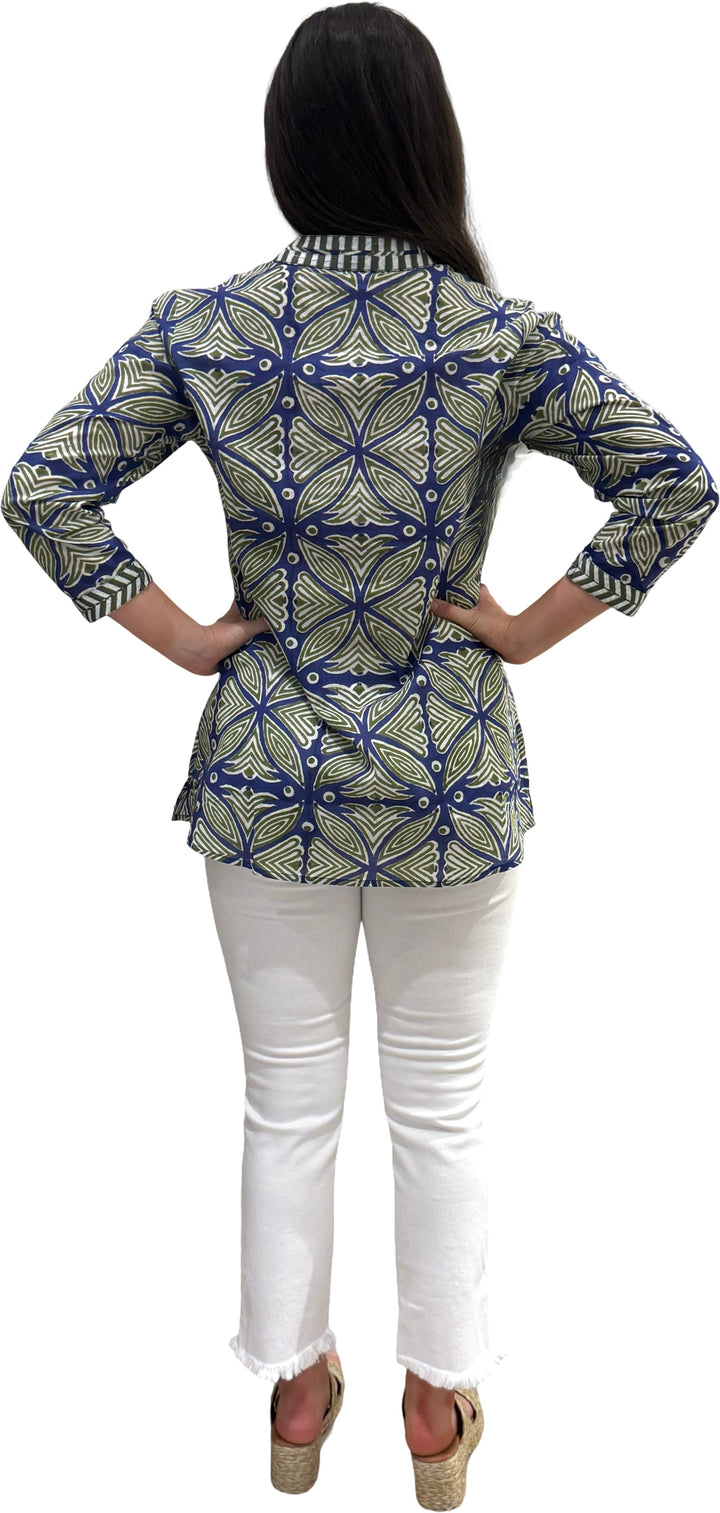 The Brie Embroidered Trim Tunic in Navy Green — view 6