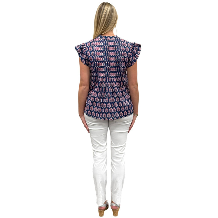 The Ava Pin Tuck Flutter Sleeve Top in Navy and Pink Floral — view 5