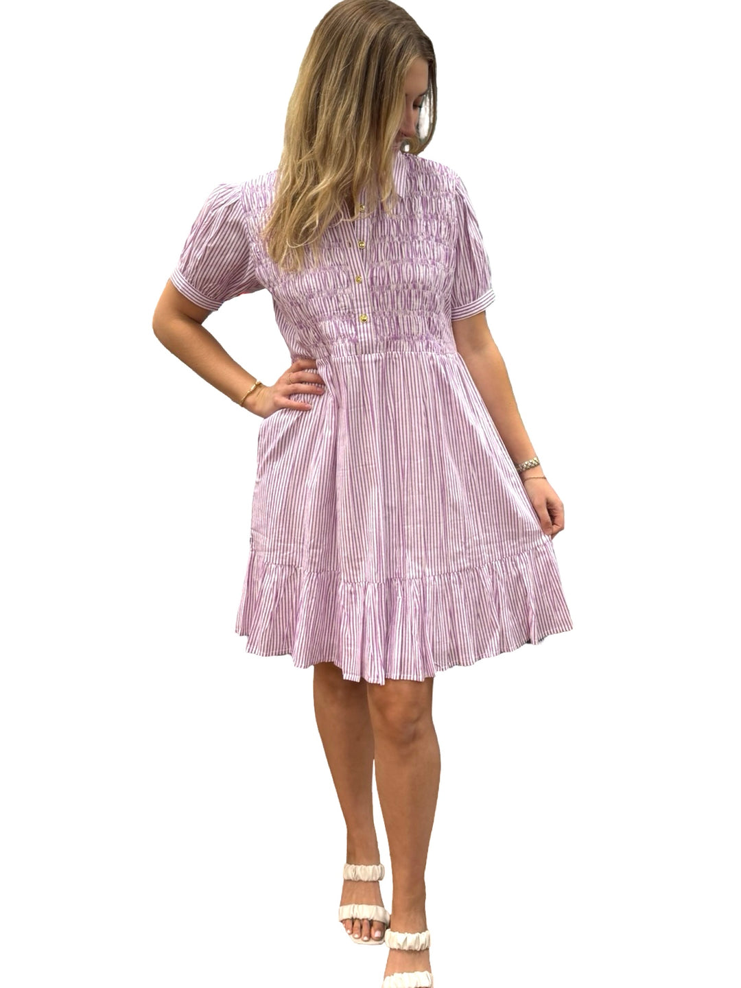 The Tasha Smocked Front Dress in Lavender and White Stripe — view 3