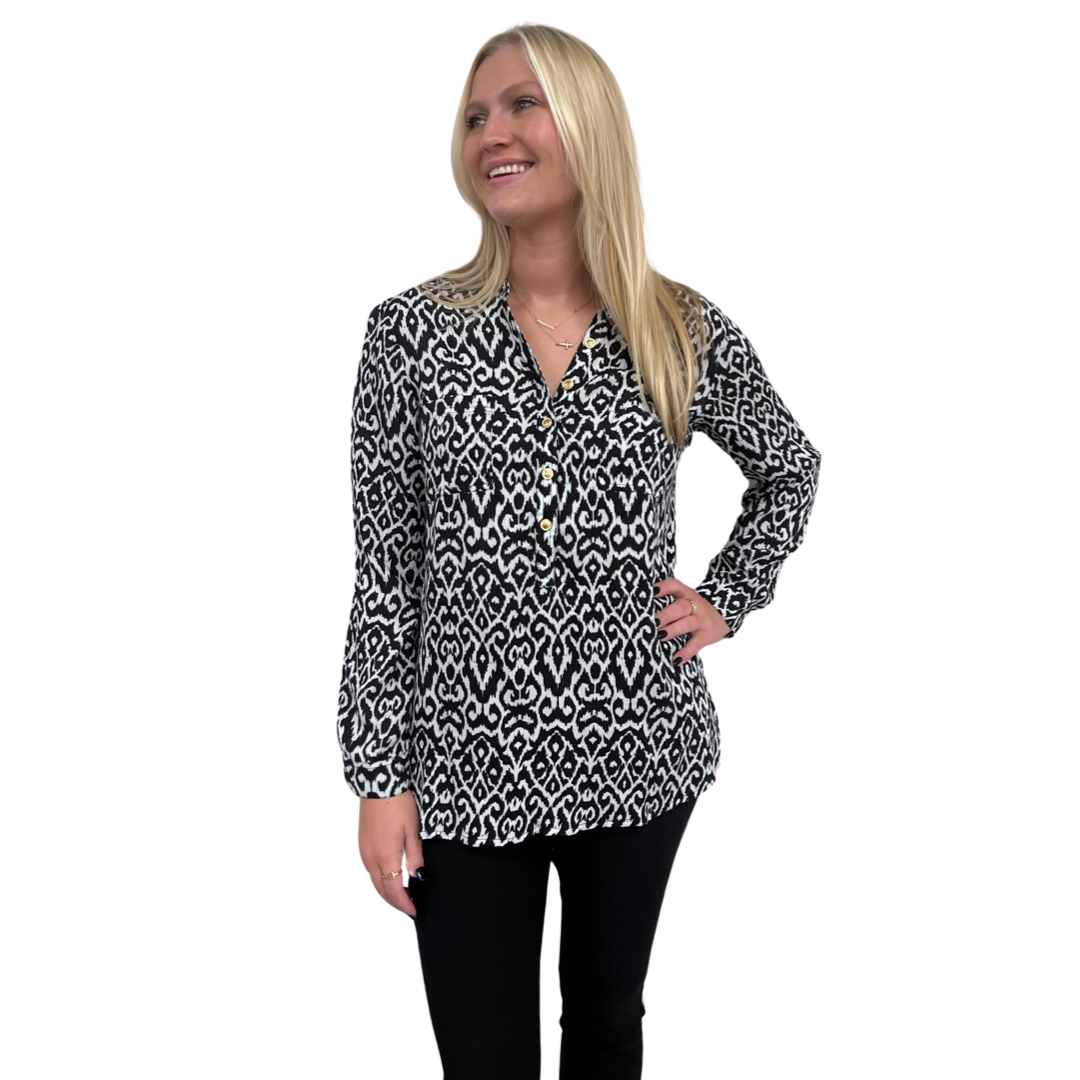 The Gretchen Black and White Ikat Top in Rayon Crepe