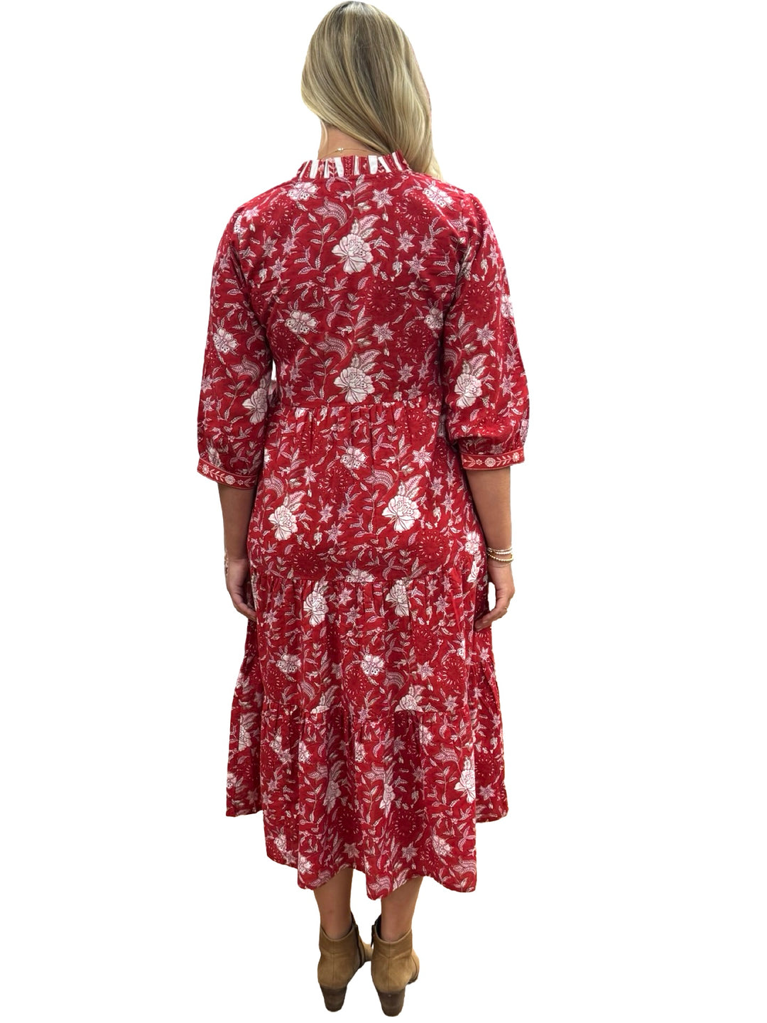 The Campbell Long Length Dress in Red Hand Block Printed Floral