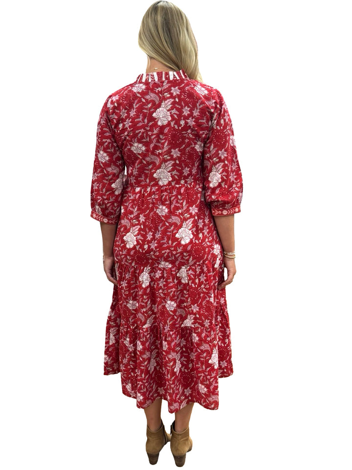 The Campbell Long Length Dress in Red Hand Block Printed Floral