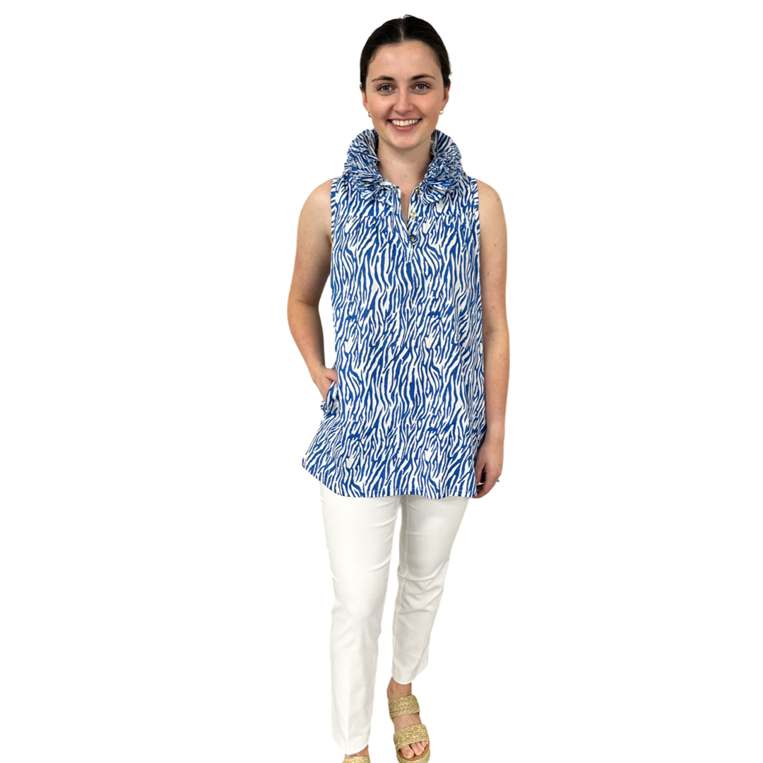 The Newport Sleeveless Ruffle Collar Tunic in Blue White Zebra Stripe