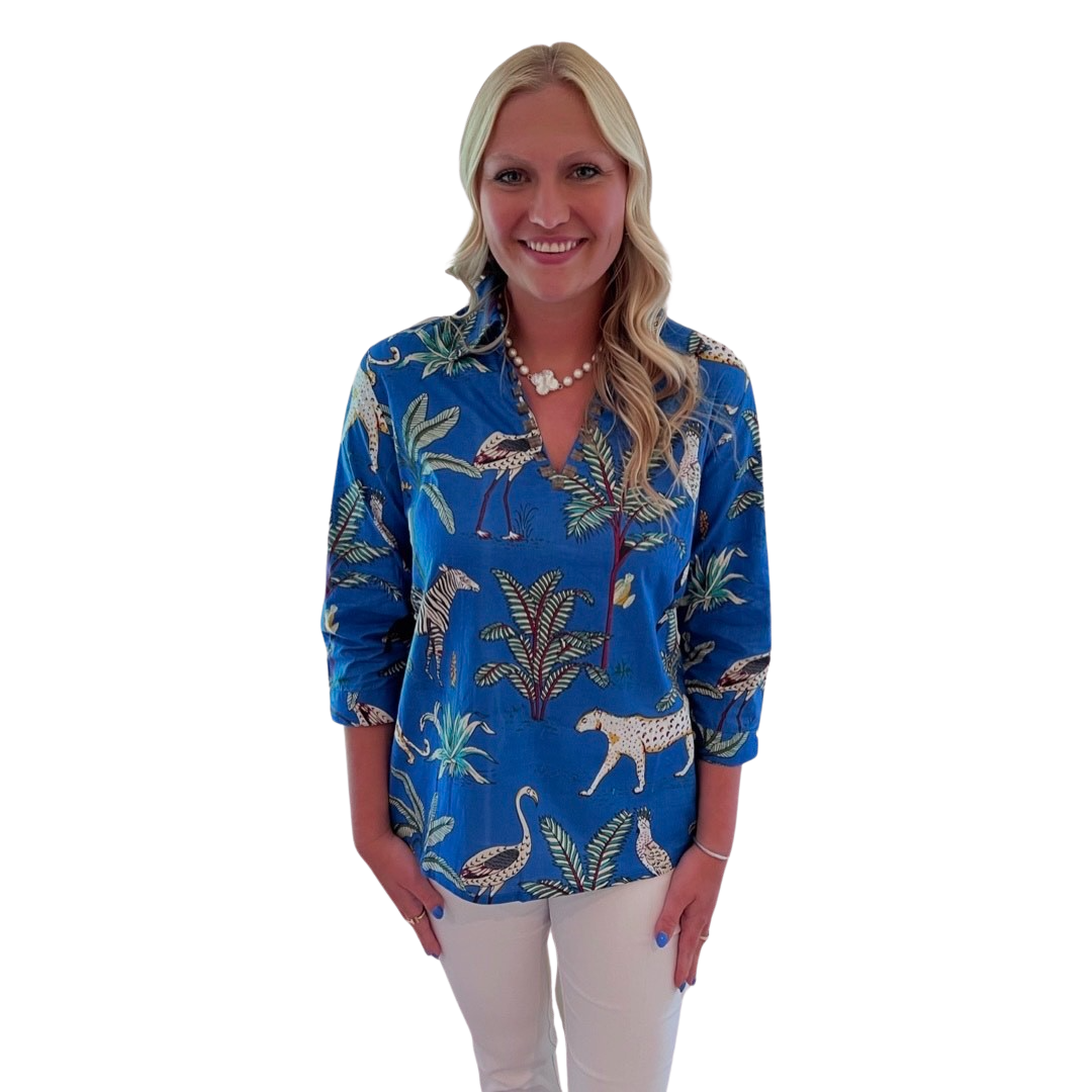 The Carly Cotton Animal Print Top in Maritime Blue — view 5
