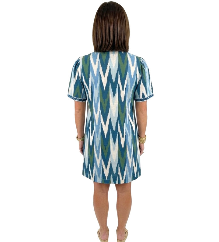 The Cynthia Embroidered Trim Cotton Dress in Blue Green Ikat — view 5