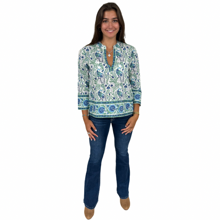 The Kelsea Cotton Hand Block Peacock Print Top in Blue Green — view 4