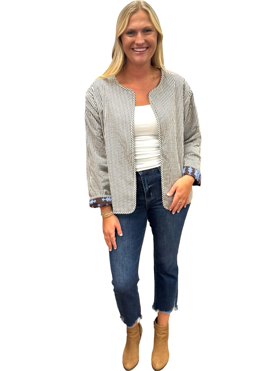 The Nellie Reversible Applique Jacket in Brown and Periwinkle Blue
