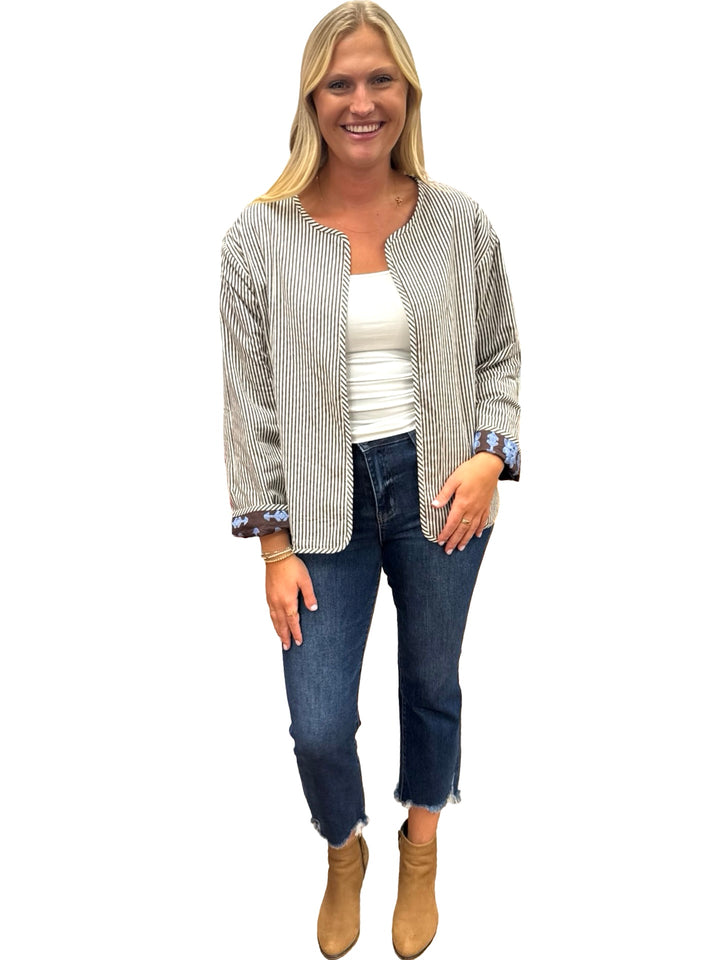 The Nellie Reversible Applique Jacket in Brown and Periwinkle Blue