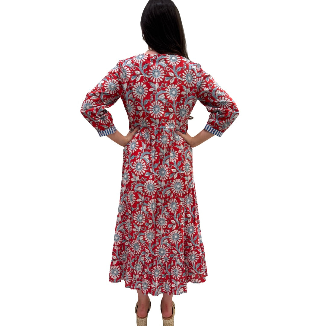 The Daniella Embroidered Trim Dress in Red and Blue Handblocked Floral — view 5