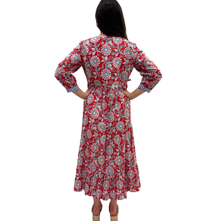The Daniella Embroidered Trim Dress in Red and Blue Handblocked Floral — view 5