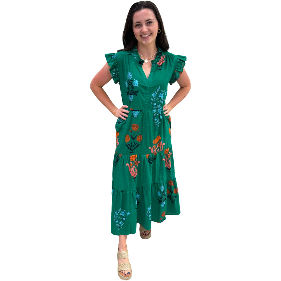 The Campbell Flutter Sleeve Dress in Emerald Green Floral