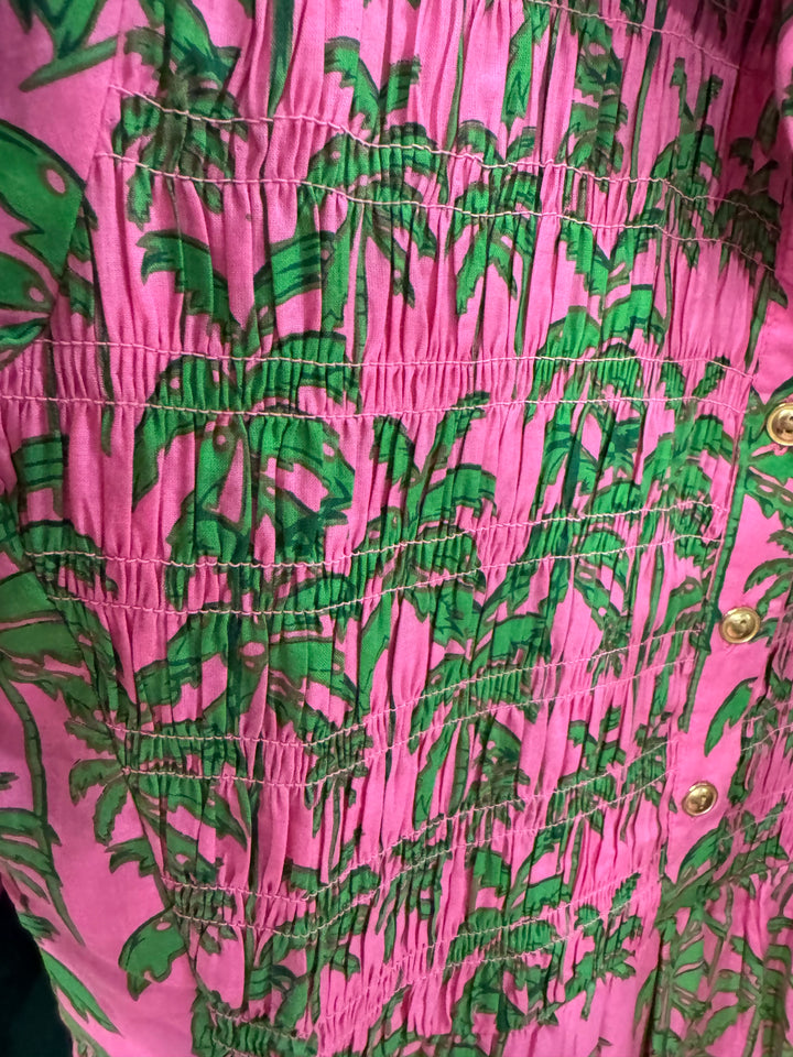 The Tasha Pink and Green Palm Print Smocked Dress