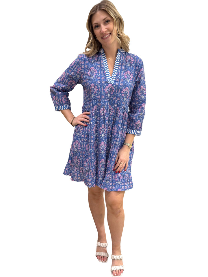 The Morley Embroidered Trim Cotton Hand Block Printed Dress in Blue and Lavender — view 2