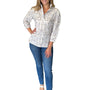 The Shipley Stand-Up Collar Top in Off White Blue and Brown Cotton Print