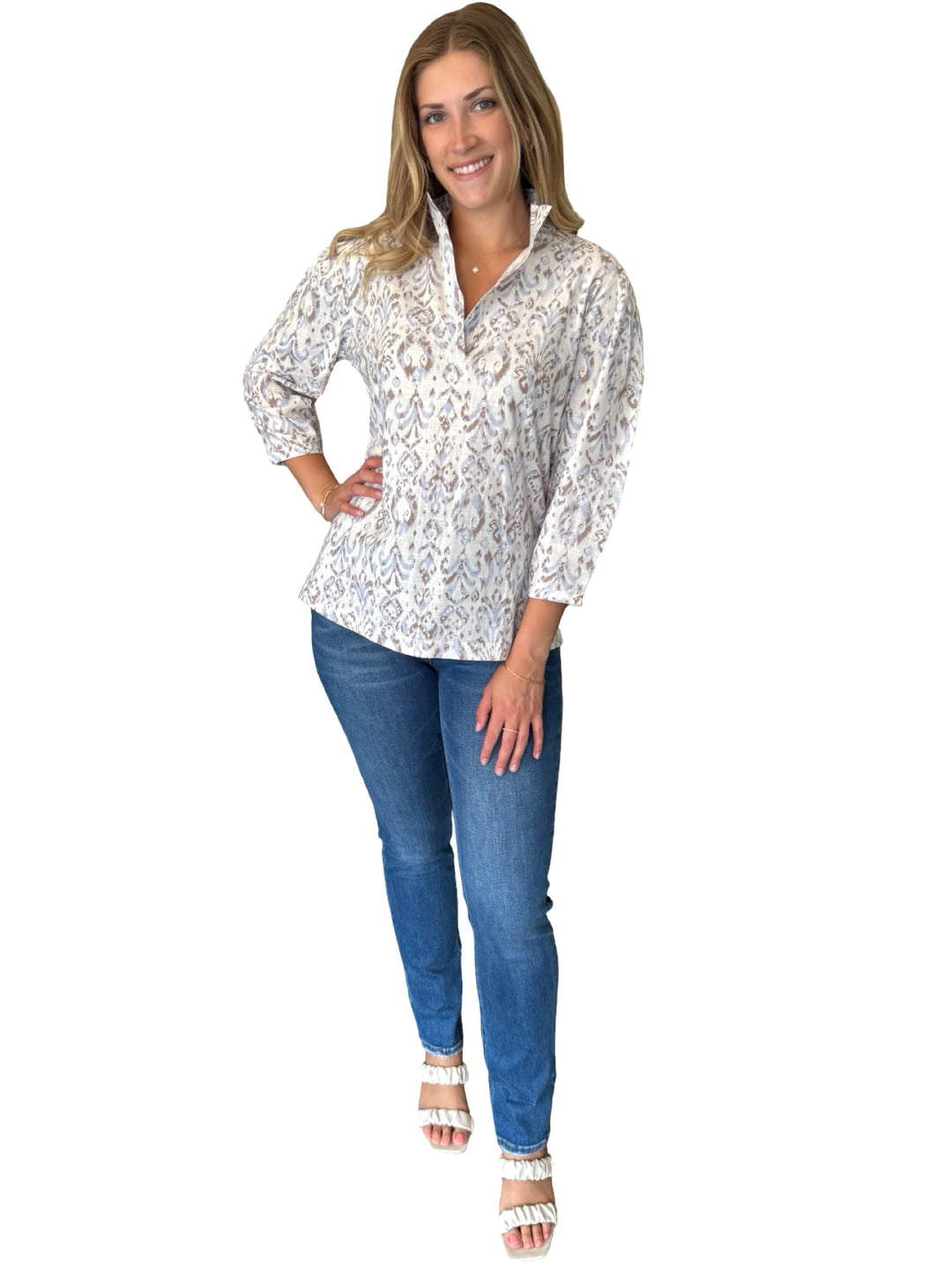 The Shipley Stand-Up Collar Top in Off White Blue and Brown Cotton Print