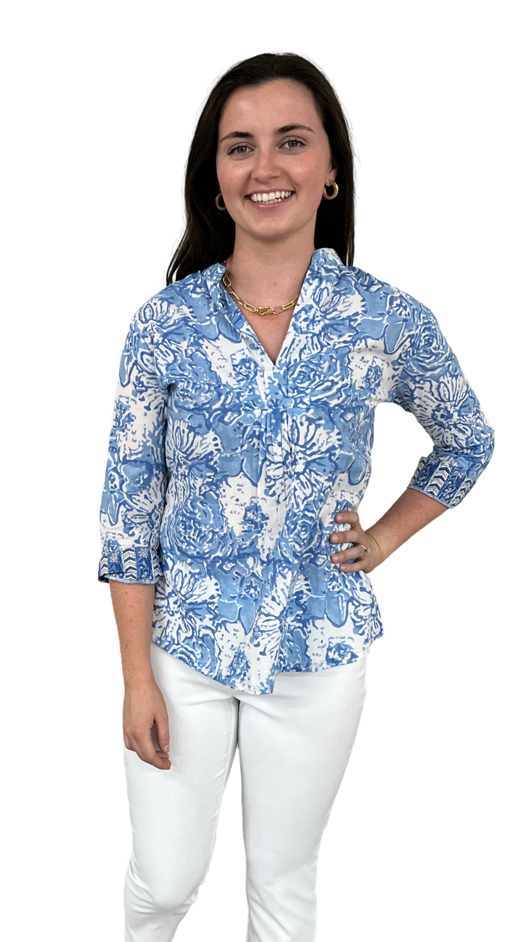 The Eloise Cotton Block Print Top in Soft Blue Petunia Floral — view 5