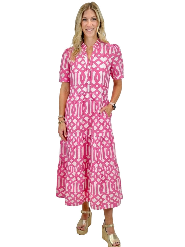 The Campbell Short Sleeve Dress in Pink Trellis Cotton