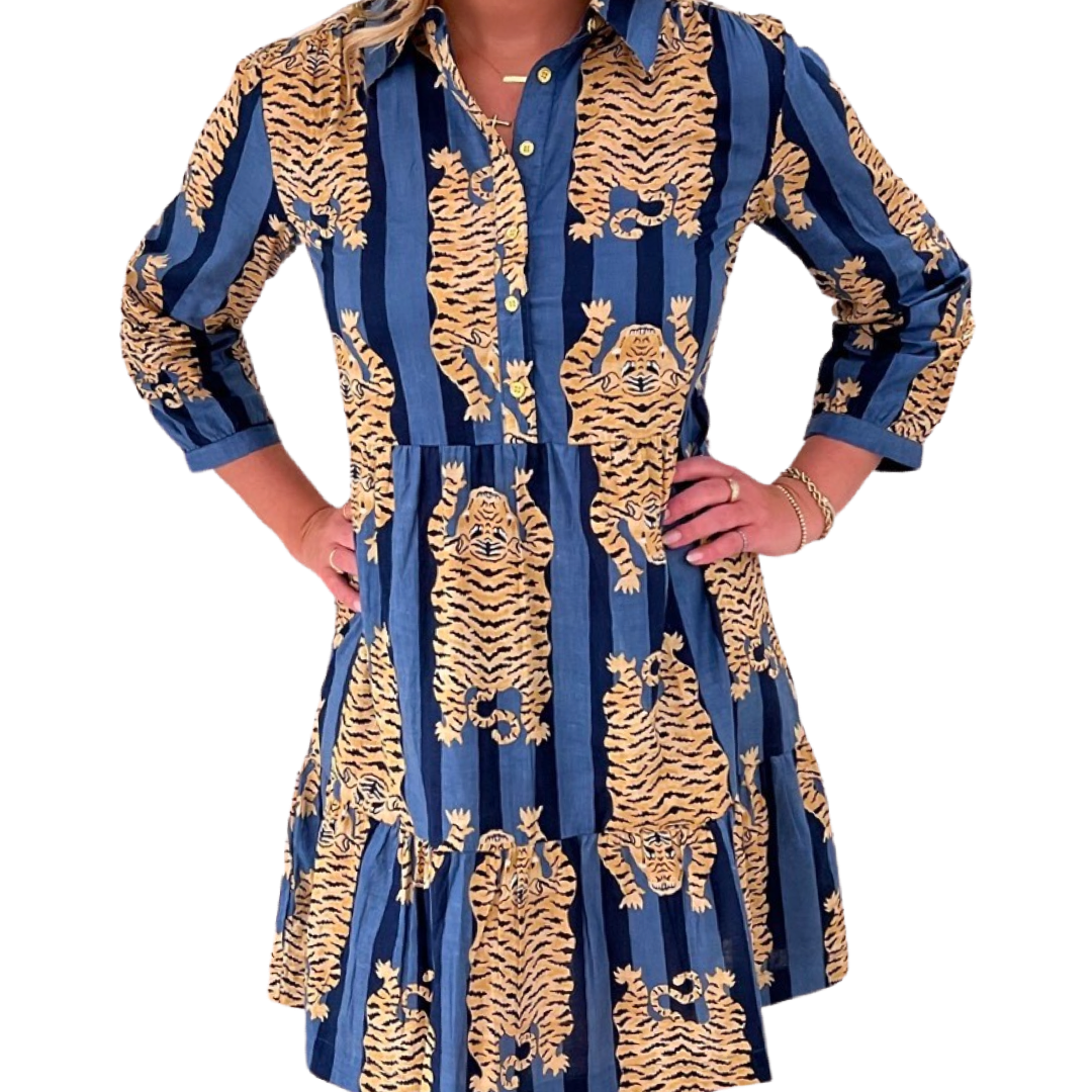 The Kalie Cotton Tiger Print Dress in Blue Stripe — view 4