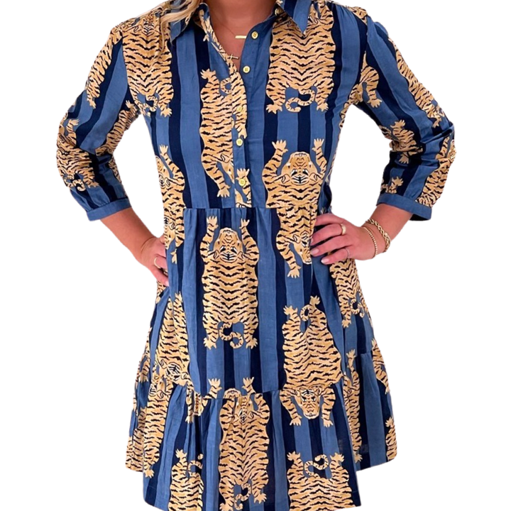 The Kalie Cotton Tiger Print Dress in Blue Stripe — view 4