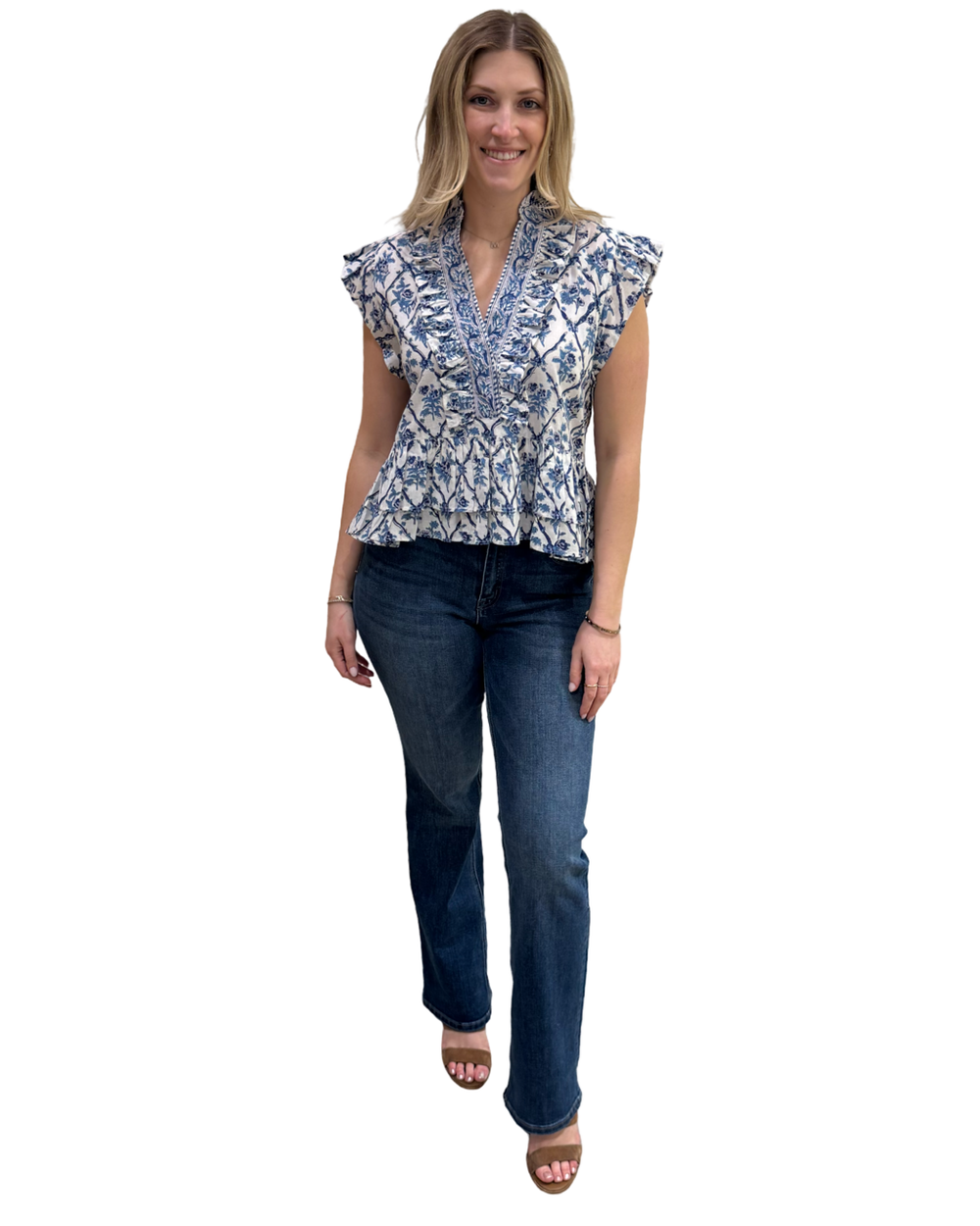 The Bella Ruffle Trimmed Top in White Blue Floral Border Print Cotton — view 2