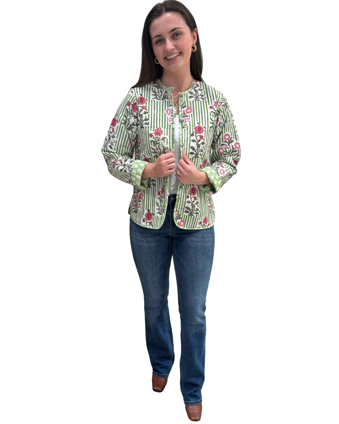 The Madeline Reversible Jacket in Green Hand-Block Striped Floral