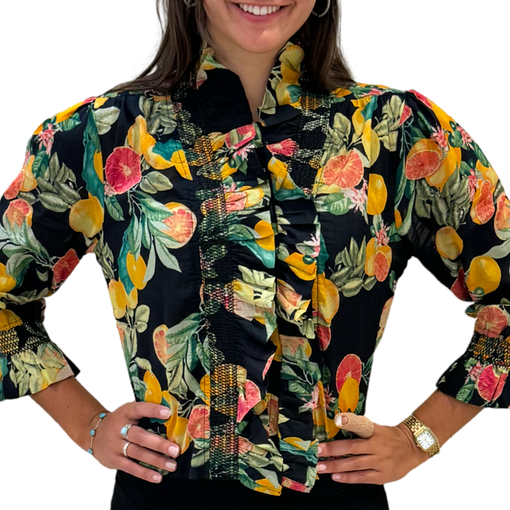 The Amelia Ruffle Top in Black Citrus Floral — view 4