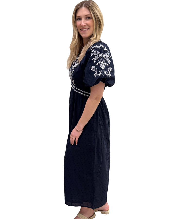 The Gabby Long Embroidered Dress in Navy White — view 3